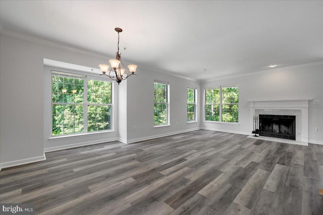 2222 Commissary Cir Unit 198, Odenton, MD 21113 - unfurnished living room featuring a chandelier, ornamental molding, a high end fireplace, and wood finished floors
