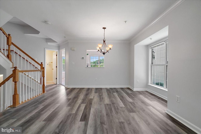 2222 Commissary Cir Unit 198, Odenton, MD 21113 - unfurnished dining area featuring a chandelier, wood finished floors, stairway, and ornamental molding