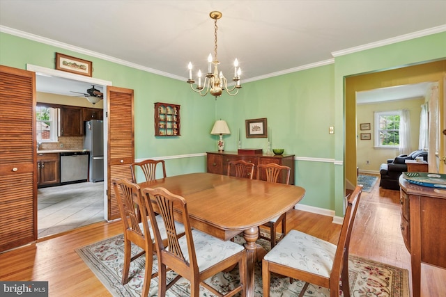 515 Marks Rd, Oreland, PA 19075 - dining space featuring light wood finished floors, a chandelier, ornamental molding, and ceiling fan