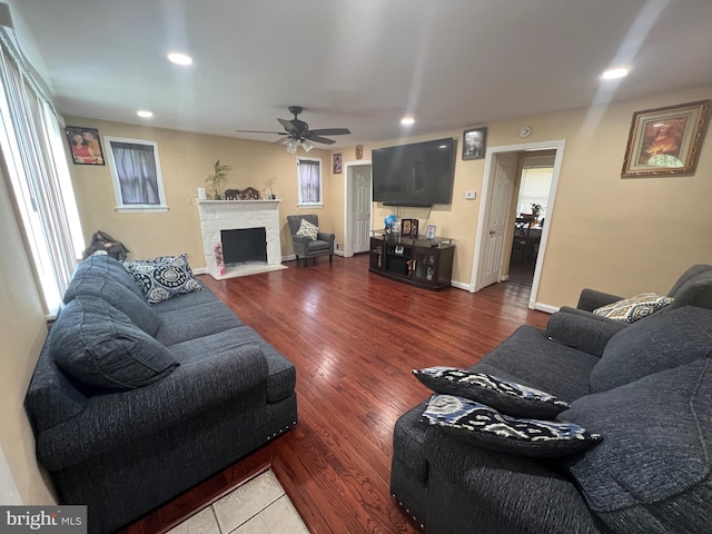 5702 Landover Rd, Hyattsville, MD 20784 - living room with a ceiling fan, wood finished floors, a fireplace with flush hearth, and recessed lighting
