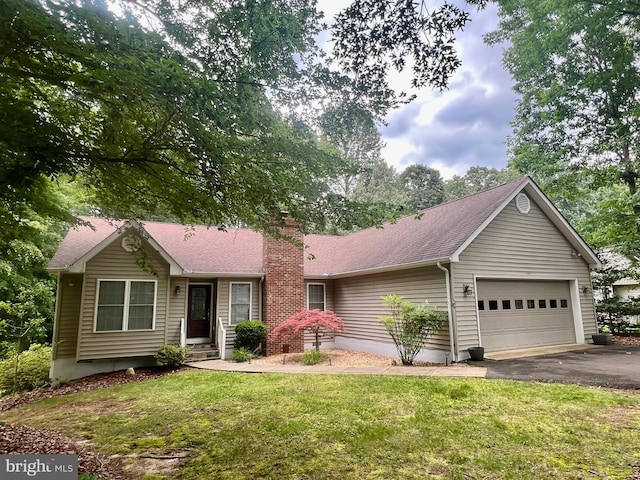 121 Jefferson Ave, Locust Grove, VA 22508 - ranch-style home with a chimney, an attached garage, driveway, a front lawn, and a shingled roof