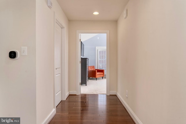 6139 Sligo Mill Rd NE, Washington, DC 20011 - hallway featuring dark wood-style floors, baseboards, and recessed lighting
