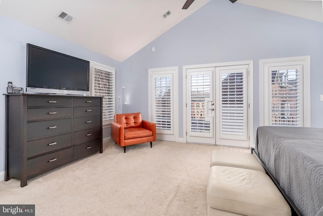6139 Sligo Mill Rd NE, Washington, DC 20011 - bedroom featuring access to exterior, high vaulted ceiling, light colored carpet, ceiling fan, and baseboards