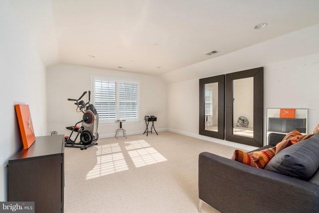 6139 Sligo Mill Rd NE, Washington, DC 20011 - workout room featuring lofted ceiling, carpet flooring, and baseboards