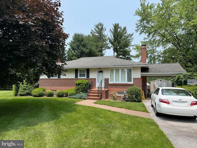 4814 S Haven Dr, Ellicott City, MD 21043 - view of front of house featuring brick siding, a front yard, an attached carport, and a chimney