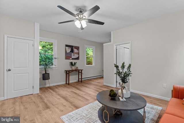 72 River St, Browns Mills, NJ 08015 - sitting room with a baseboard radiator, light wood-style flooring, and ceiling fan