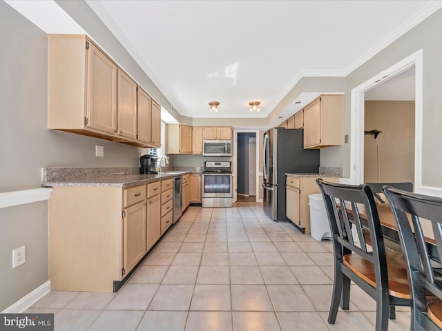 4503 Oakview Ln, Bowie, MD 20715 - kitchen featuring appliances with stainless steel finishes, light brown cabinetry, crown molding, and light tile patterned floors