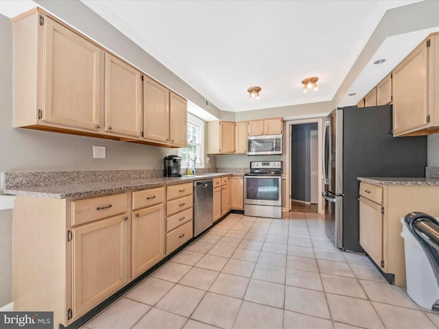 4503 Oakview Ln, Bowie, MD 20715 - kitchen featuring appliances with stainless steel finishes, light brown cabinets, light tile patterned floors, and crown molding