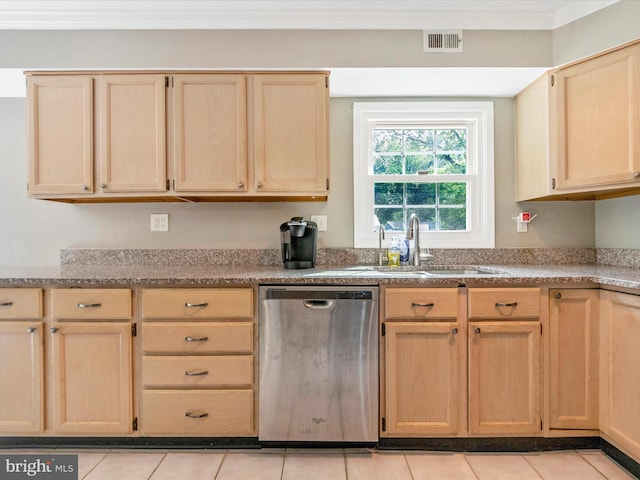 4503 Oakview Ln, Bowie, MD 20715 - kitchen featuring dishwasher, light brown cabinetry, light tile patterned floors, and ornamental molding