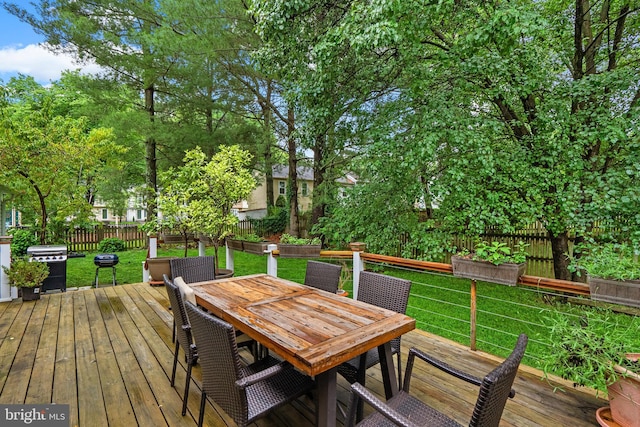 14519 Keeneland Cir, North Potomac, MD 20878 - deck with outdoor dining area, a fenced backyard, and area for grilling