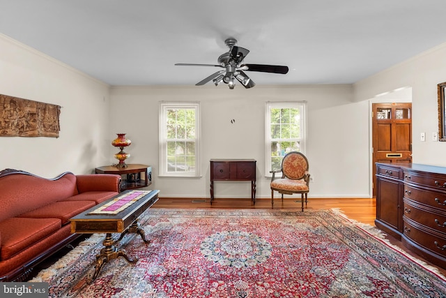 14519 Keeneland Cir, North Potomac, MD 20878 - living room with ceiling fan, light wood-style floors, and ornamental molding