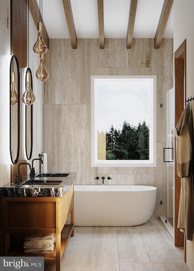 1039 Greenwood Ave, Wyncote, PA 19095 - bathroom with a freestanding bath, vanity, and beamed ceiling