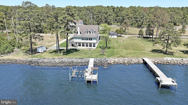 40461 Old Breton Beach Rd, Leonardtown, MD 20650 - dock area featuring a lawn, a water view, stairs, and a view of trees