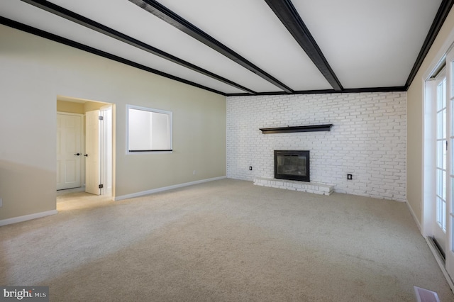 27 Kevin Way, Marlton, NJ 08053 - unfurnished living room featuring carpet floors, a brick fireplace, healthy amount of natural light, brick wall, and beamed ceiling