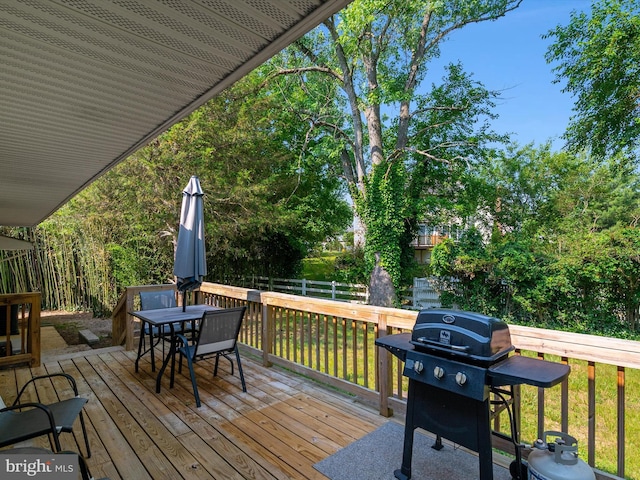 7802 Gary Ln, Severn, MD 21144 - wooden deck featuring a grill, a fenced backyard, and outdoor dining space
