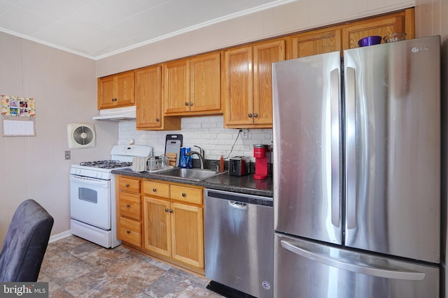 67 Avon Rd, Haddonfield, NJ 08033 - kitchen with stainless steel appliances, under cabinet range hood, dark countertops, backsplash, and ornamental molding