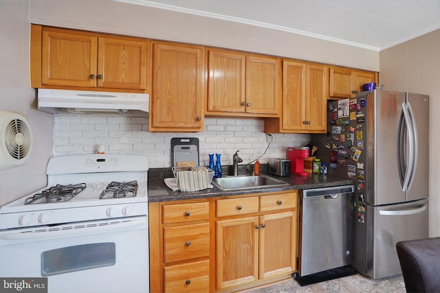 67 Avon Rd, Haddonfield, NJ 08033 - kitchen with appliances with stainless steel finishes, under cabinet range hood, ornamental molding, dark countertops, and decorative backsplash