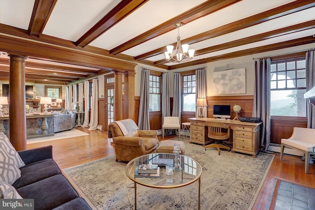 2165 Broadway, Hanover, PA 17331 - living area featuring ornate columns, an office area, hardwood / wood-style floors, a chandelier, and beamed ceiling