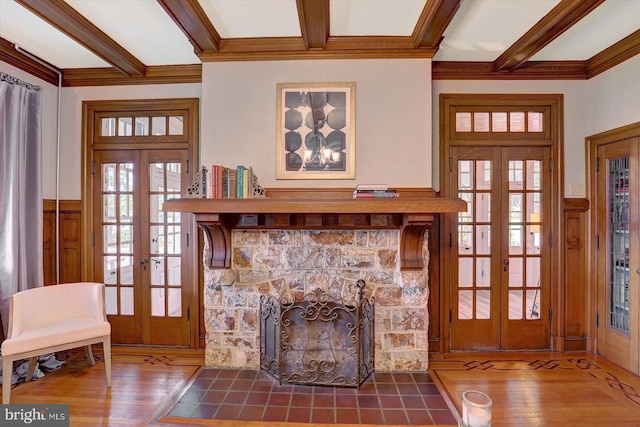 2165 Broadway, Hanover, PA 17331 - living area featuring french doors, wood finished floors, beamed ceiling, crown molding, and a wainscoted wall