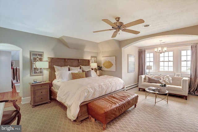 2165 Broadway, Hanover, PA 17331 - bedroom featuring arched walkways, a baseboard radiator, a chandelier, light carpet, and ceiling fan
