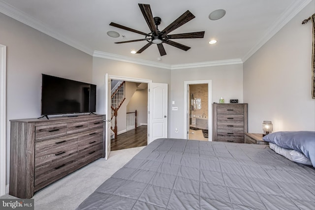 508 Rampart Way Unit 6, Oxon Hill, MD 20745 - carpeted bedroom featuring crown molding, recessed lighting, connected bathroom, and ceiling fan