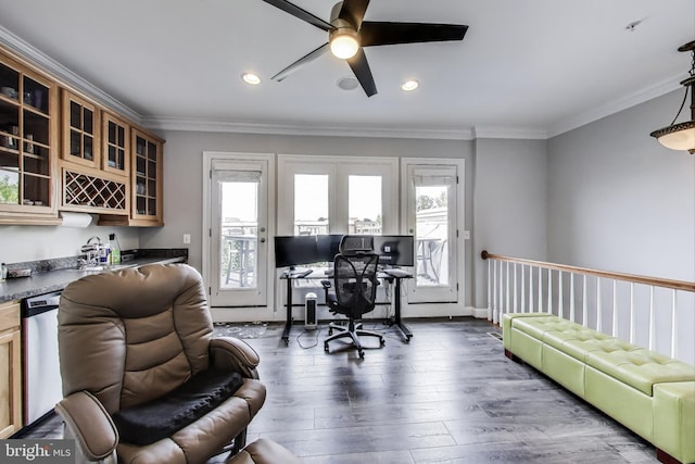 508 Rampart Way Unit 6, Oxon Hill, MD 20745 - office featuring ceiling fan, crown molding, dark wood finished floors, and recessed lighting