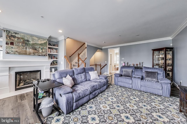 508 Rampart Way Unit 6, Oxon Hill, MD 20745 - living area with stairway, crown molding, wood finished floors, a fireplace, and recessed lighting
