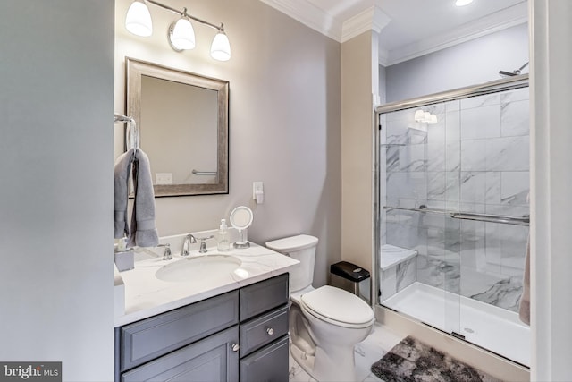 508 Rampart Way Unit 6, Oxon Hill, MD 20745 - bathroom featuring crown molding, a shower stall, vanity, and marble finish floors