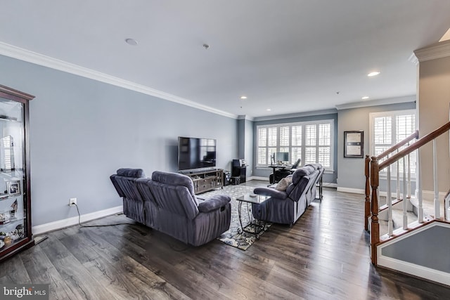 508 Rampart Way Unit 6, Oxon Hill, MD 20745 - living room featuring crown molding, stairway, dark wood-style floors, and recessed lighting