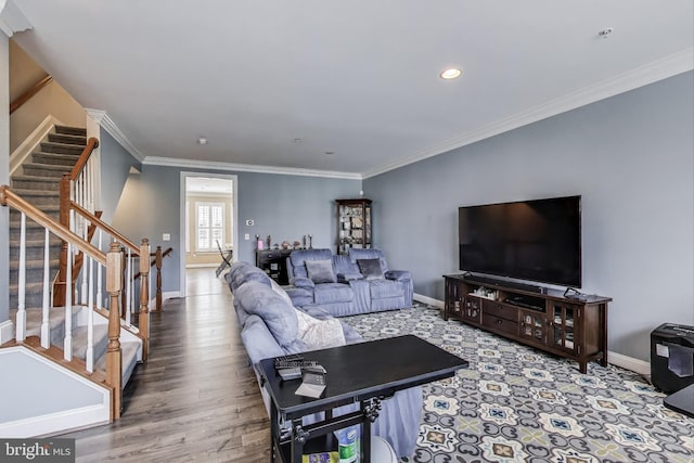 508 Rampart Way Unit 6, Oxon Hill, MD 20745 - living room featuring stairs, ornamental molding, wood finished floors, and recessed lighting