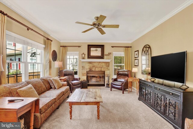 3930 Liz Cir, Doylestown, PA 18902 - living room with ceiling fan, crown molding, carpet, and a fireplace