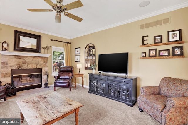 3930 Liz Cir, Doylestown, PA 18902 - carpeted living area with ornamental molding, ceiling fan, and a stone fireplace