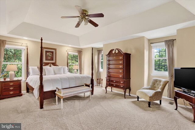 3930 Liz Cir, Doylestown, PA 18902 - bedroom with a tray ceiling, light colored carpet, and a ceiling fan