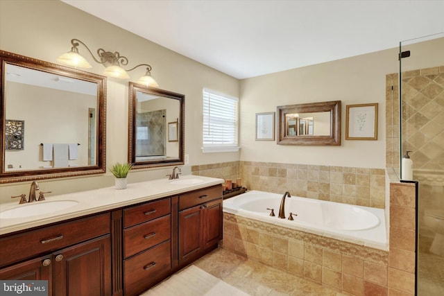 3930 Liz Cir, Doylestown, PA 18902 - full bathroom featuring a garden tub, double vanity, tiled shower, and tile patterned floors