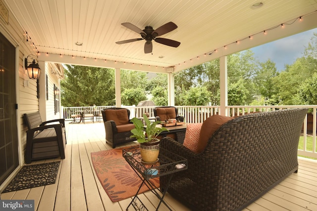 3930 Liz Cir, Doylestown, PA 18902 - wooden terrace featuring a ceiling fan, outdoor dining area, and view of scattered trees