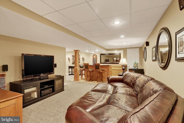 3930 Liz Cir, Doylestown, PA 18902 - living area featuring wet bar, light carpet, a paneled ceiling, and recessed lighting