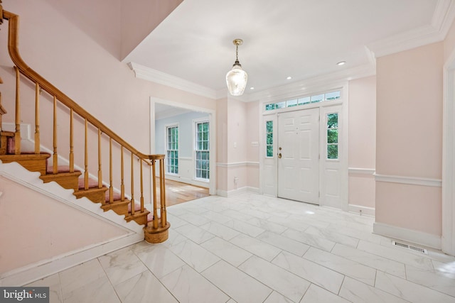 13508 Rippling Brook Dr, Silver Spring, MD 20906 - entryway with ornamental molding, stairway, marble look tiles, and recessed lighting