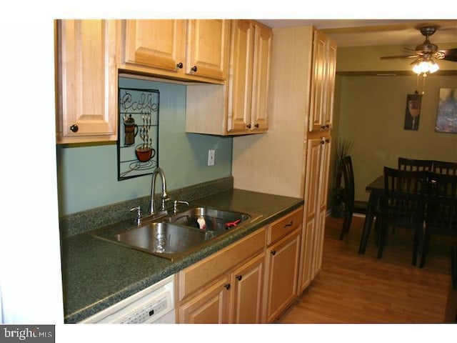 3750 Clarendon Ave Unit 5, Philadelphia, PA 19114 - kitchen with a ceiling fan, light wood-style flooring, dark countertops, and dishwasher