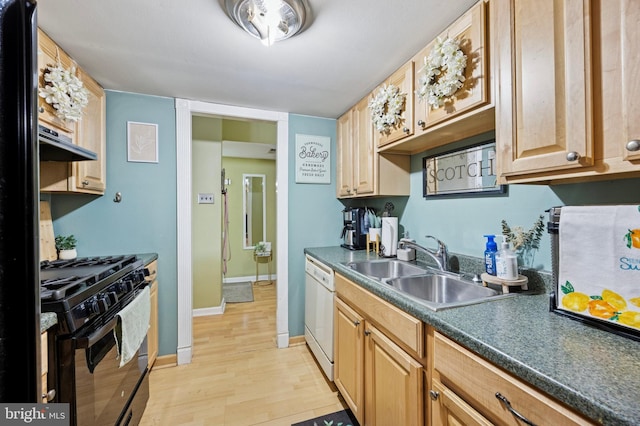 3750 Clarendon Ave Unit 5, Philadelphia, PA 19114 - kitchen with black gas stove, white dishwasher, light wood-type flooring, dark countertops, and ventilation hood