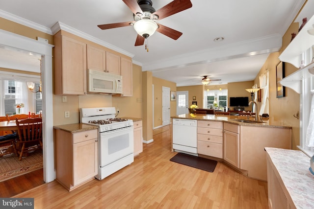 120 W Seventh St Unit 150, Media, PA 19063 - kitchen featuring white appliances, light brown cabinets, a ceiling fan, and ornamental molding