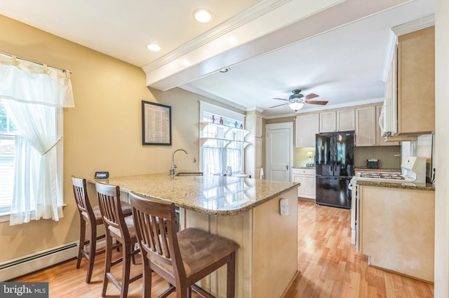 120 W Seventh St Unit 150, Media, PA 19063 - kitchen with freestanding refrigerator, plenty of natural light, a breakfast bar, a peninsula, and crown molding