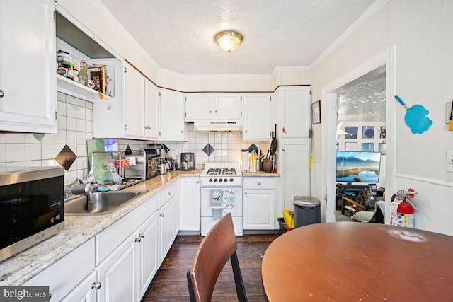 713 Washington St, Easton, PA 18042 - kitchen featuring gas range gas stove, stainless steel microwave, under cabinet range hood, white cabinetry, and a textured ceiling