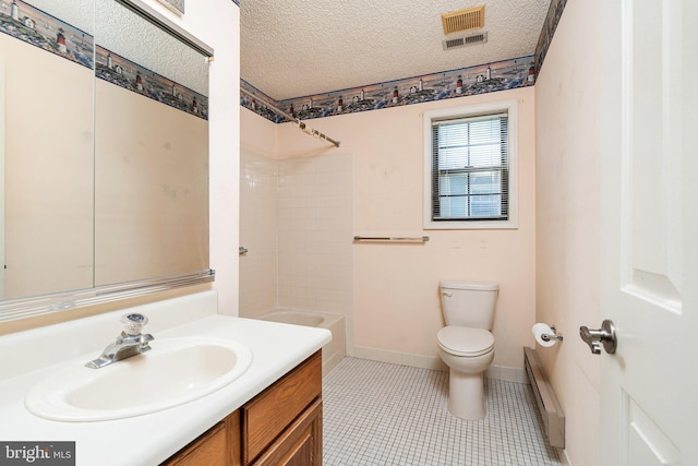 30 Hilltop Ln W, Columbus, NJ 08022 - full bath with a baseboard radiator, vanity, bathtub / shower combination, a textured ceiling, and tile patterned flooring