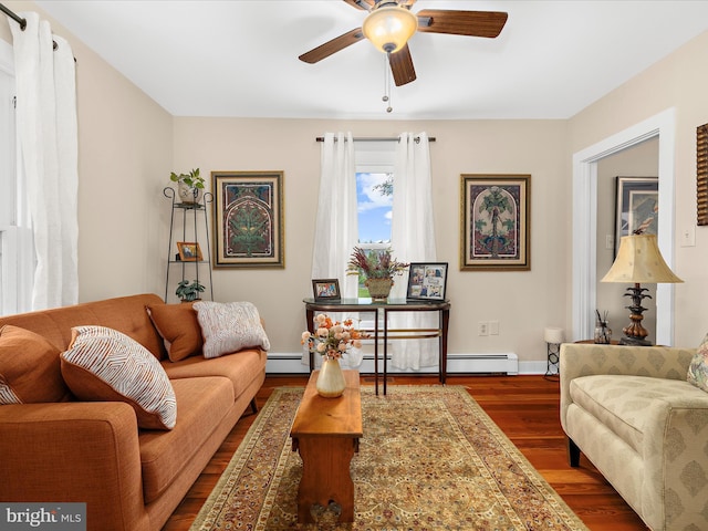414 S Aurora St, Easton, MD 21601 - living room with ceiling fan, dark wood-style flooring, and baseboard heating
