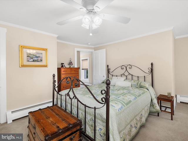 414 S Aurora St, Easton, MD 21601 - bedroom featuring light colored carpet, baseboard heating, crown molding, and a ceiling fan