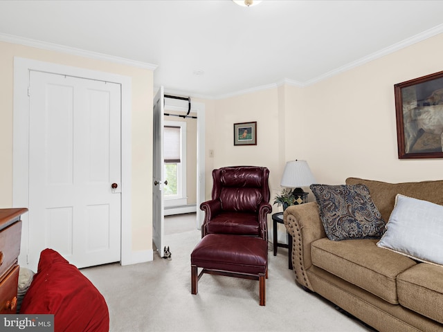 414 S Aurora St, Easton, MD 21601 - living room with crown molding, carpet, and a baseboard radiator