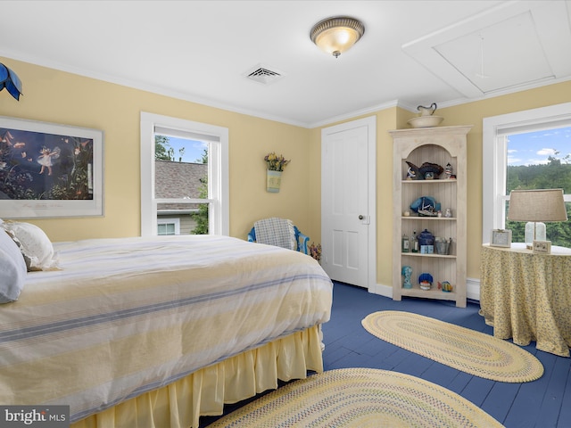 414 S Aurora St, Easton, MD 21601 - bedroom featuring wood-type flooring, multiple windows, ornamental molding, attic access, and baseboard heating