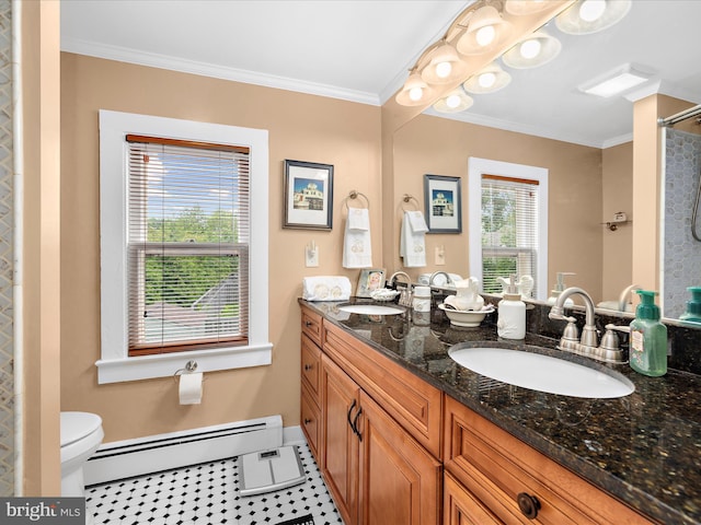 414 S Aurora St, Easton, MD 21601 - bathroom featuring a baseboard radiator, double vanity, ornamental molding, and a shower
