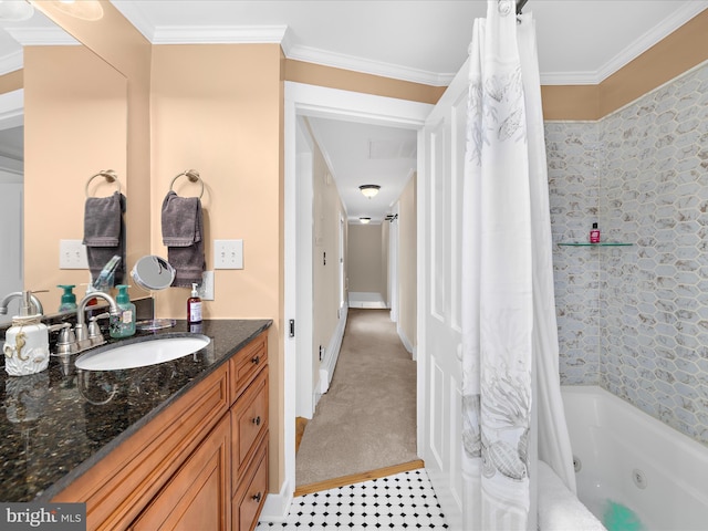 414 S Aurora St, Easton, MD 21601 - full bath with vanity, a combined bath / shower with jetted tub, and ornamental molding