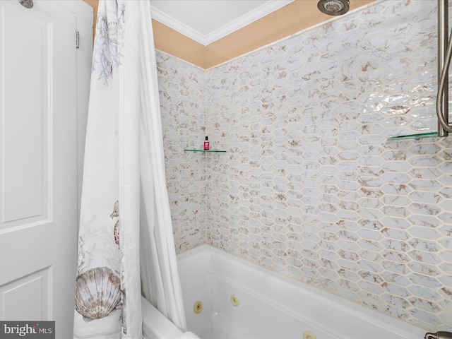 414 S Aurora St, Easton, MD 21601 - bathroom featuring a combined bath / shower with jetted tub and crown molding